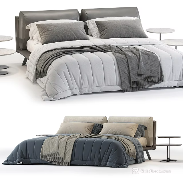 Modern Comfortable Bed Design With Gray Beige Pillows White Blue Quilt And Throw Side Tables 3d model 