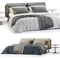 Modern Comfortable Bed Design With Gray Beige Pillows White Blue Quilt And Throw Side Tables
