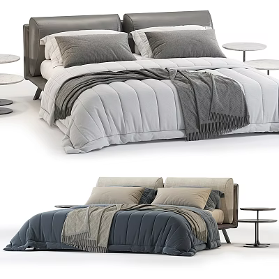 Modern Comfortable Bed Design With Gray Beige Pillows White Blue Quilt And Throw Side Tables 3d model