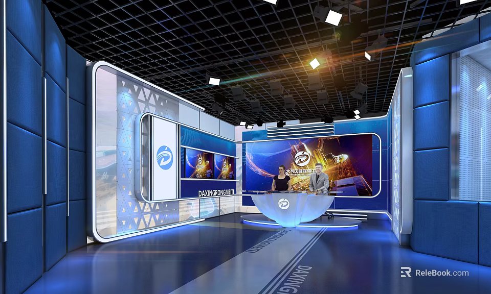 Blue Studio Interior With Large Screens Presenter Desk And Lighting Setup 3d model