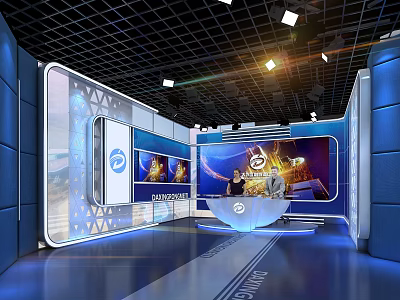 Blue Studio Interior With Large Screens Presenter Desk And Lighting Setup 3d model