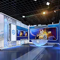 Blue Studio Interior With Large Screens Presenter Desk And Lighting Setup 3d model