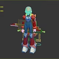 Pink Headed Mecha Character In Blue Red Armor With White Boots And Mechanical Structure