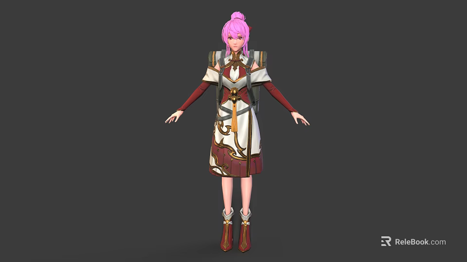Pink Haired Female Character In Decorative Outfit With Small Companion Creature 3d model 