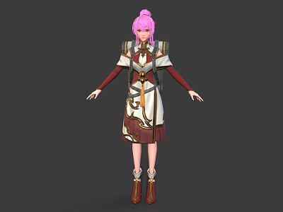 Pink Haired Female Character In Decorative Outfit With Small Companion Creature 3d model