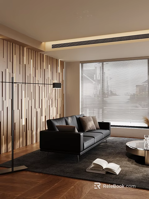 Modern Living Room Decorative Ornament Set With Black Sofa Wooden Wall And Floor Lamp 3d model 