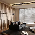 Modern Living Room Decorative Ornament Set With Black Sofa Wooden Wall And Floor Lamp