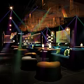 Stylish Bar Interior With Bar Counter Bar Stools Wine Shelves And Decorative Wall