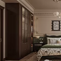 Classic Style Bedroom Interior With Chandelier Decorative Paintings Area Rug And Wooden Furniture