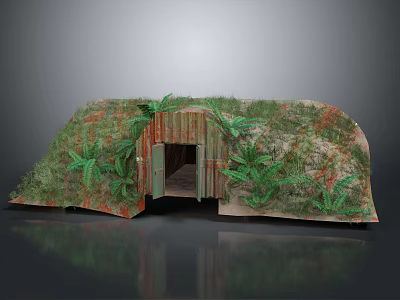 Cartoon Scene Of Green Plant Covered Semicircular Hut With Wooden Door And Ferns 3d model