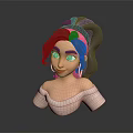 3D Female Character with Dark Hair Pink Headband Green Eyes White Shoulderless Top Dark Background