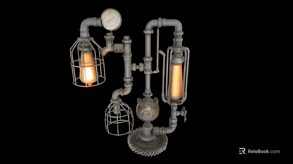 Industrial Pipe Structure Lighting For Public Facility With Caged Lights Pressure Gauge And Gear Base 3d model 