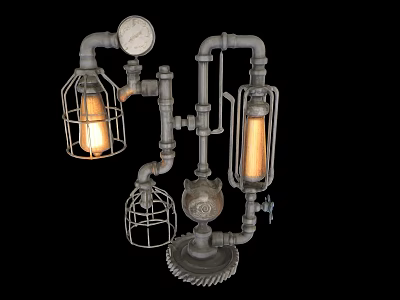 Industrial Pipe Structure Lighting For Public Facility With Caged Lights Pressure Gauge And Gear Base 3d model
