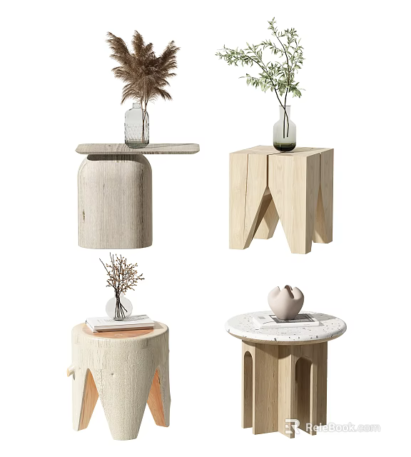 Natural Wood Side Tables with Minimalist Designs and Decorative Plants for Living Room 3d model 