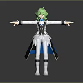 Game Movie Character With Green Hair And White Black Outfit White Wing Decorations Arms Outstretched