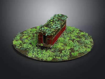 Red Train Carriage Model Overgrown with Green Plants and Grass on Circular Base 3d model