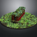 Red Train Carriage Model Overgrown with Green Plants and Grass on Circular Base