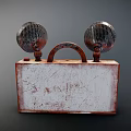 Vintage Metal Box With Two Round Lamps Rusty Surface And Sticker Details On Old Case