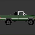 Green Pickup Truck With Spare Tire On Truck Bed And Roof Rack