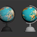 Two Globes With Black And Silver Bases Blue Ocean And Colored Continents On Gray Background