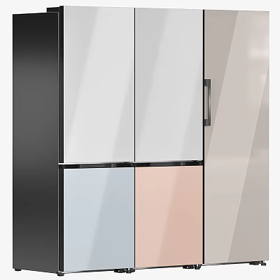 Modern Refrigerator Freezer Featuring Multicolor Panels White Light Blue Pink And Stylish Black Frame 3d model