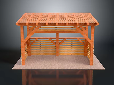Wooden Pergola Structure With Slatted Roof Supporting Columns And Side Railings 3d model