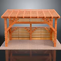 Wooden Pergola Structure With Slatted Roof Supporting Columns And Side Railings