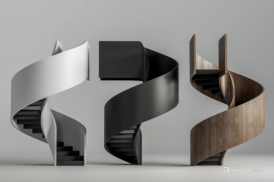 Modern Spiral Staircases With Metal Black And Wooden Stylish Designs 3d model 