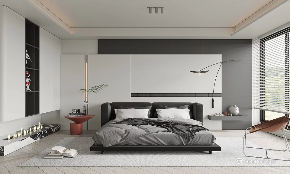 Modern Minimalist Bedroom Interior With Black Large Bed Floor Lamp Bookshelf And Green Plant 3d model 