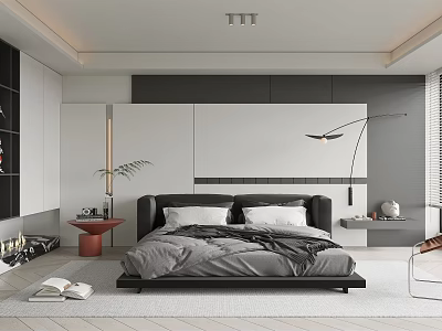 Modern Minimalist Bedroom Interior With Black Large Bed Floor Lamp Bookshelf And Green Plant 3d model