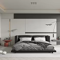 Modern Minimalist Bedroom Interior With Black Large Bed Floor Lamp Bookshelf And Green Plant