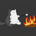 Gray Cat Holding Stick With Marshmallow Roasting Over Campfire Flames And Logs On Dark Background