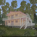Wooden House in Forest Setting With Balcony Stairs Lawn and Motorcycle