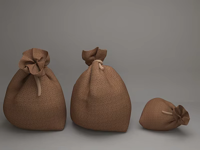 Brown Burlap Drawstring Bags In Three Different Sizes On Gray Background 3d model