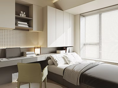 Modern Tatami Bedroom Interior With Tatami Bed Desk Chair Storage Cabinets And Window Blinds 3d model