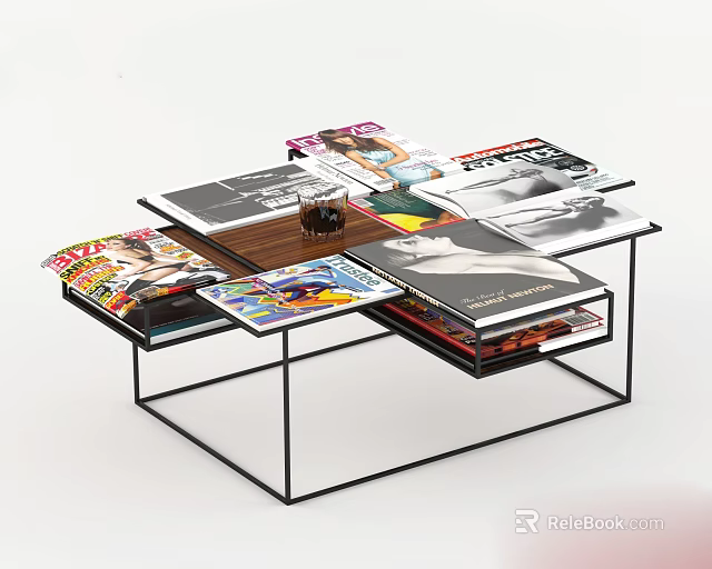 Stylish Coffee Table with Black Metal Frame Layered Design Magazines and Glass Cup 3d model 