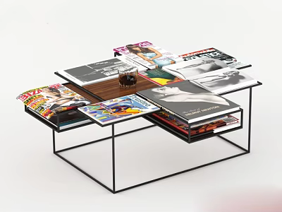 Stylish Coffee Table with Black Metal Frame Layered Design Magazines and Glass Cup 3d model