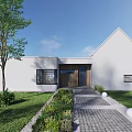 Modern Detached Villa With Gabled Roof Large Glass Windows And Green Lawn