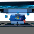 Modern Computer Tech Display With Blue Digital Screen And Presenter In Exhibition Area