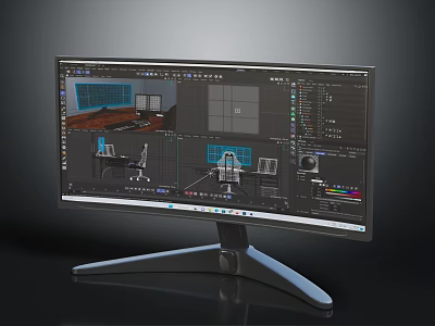 Modern Electronic Monitor Displaying 3D Modeling Software With Multiple Viewports And Tools 3d model