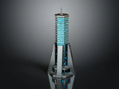 Tall Modern Skyscraper With Blue Glass Facade And Metal Support Base Design 3d model