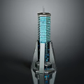 Tall Modern Skyscraper With Blue Glass Facade And Metal Support Base Design