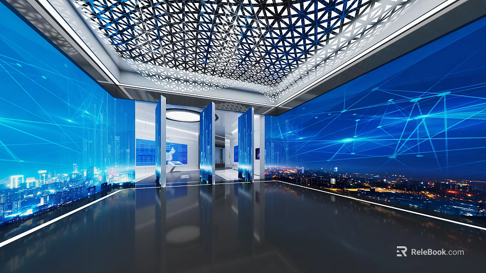 Modern Exhibition Hall With Blue Digital Screens Geometric Ceiling And Network Patterns 3d model 