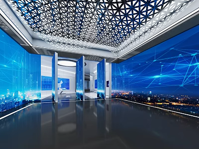 Modern Exhibition Hall With Blue Digital Screens Geometric Ceiling And Network Patterns 3d model