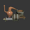 Vintage Copper Distillation Setup With Barrel Coil Fire And Wooden Logs