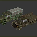 Two Military Cargo Trucks with Camouflage Paint Canvas Covered Open Beds
