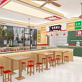 Chongqing Noodles Restaurant Green Wooden Interior With Order Counter Red Stools Menu Posters Ceiling Fans