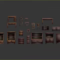 Assorted Dark Brown Wooden Furniture With Tables Chairs Cabinets And Bookshelves On Gray Background