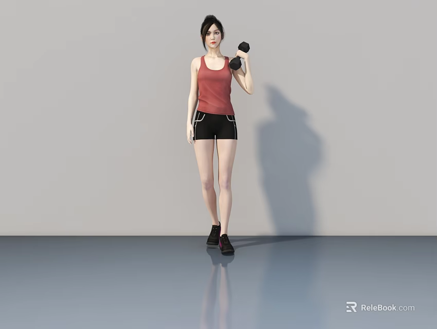 A woman wearing red tank top and black shorts lifting dumbbell in indoor area 3d model 