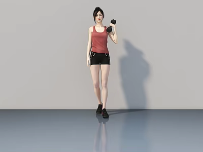 A woman wearing red tank top and black shorts lifting dumbbell in indoor area 3d model